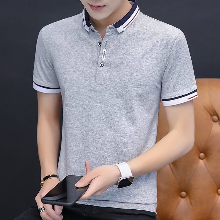 Polo Shirt Mens Summer Solid Color Cotton Business Casual Short-sleeved T-shirt Set Breathable Sweat-absorbent LOGO Cross-border Hair Dark gray - Image 2