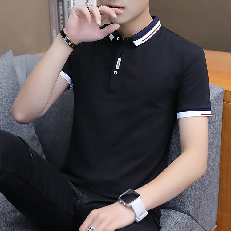 Polo Shirt Mens Summer Solid Color Cotton Business Casual Short-sleeved T-shirt Set Breathable Sweat-absorbent LOGO Cross-border Hair Dark gray - Image 3