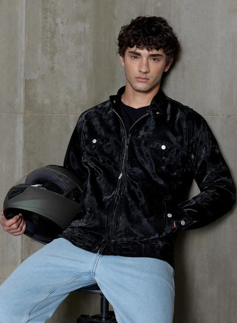 كاهوت جاكيت بايكر من مزيج البوليستر للرجال - أسود