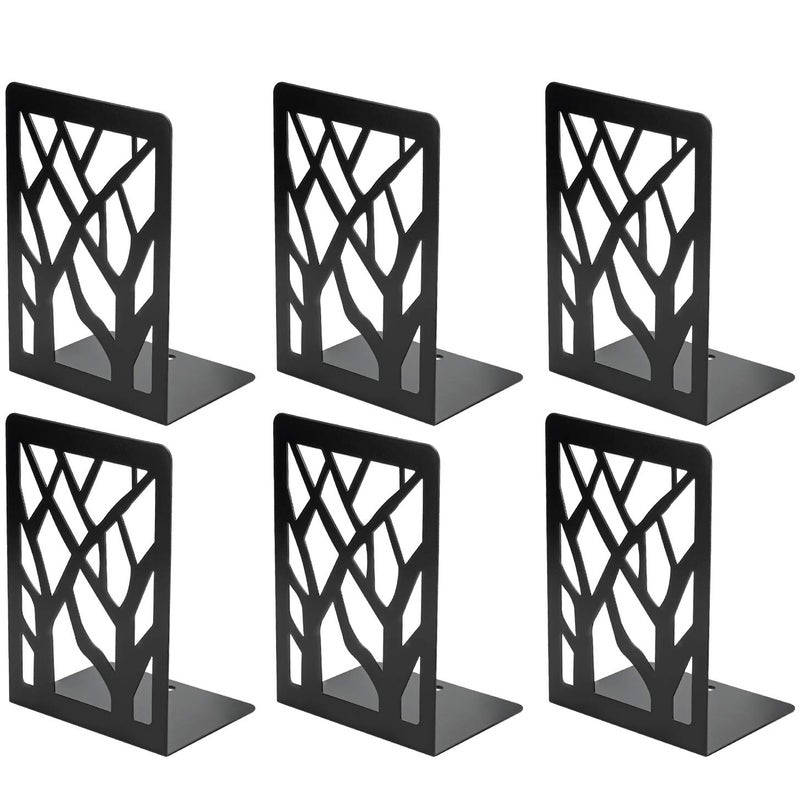 MaxGear Book Ends Tree Design Modern Bookends for Shelves, Non-Skid Bookend, Heavy Duty Metal Book Stopper for Books/CDs, Decorative Books Shelf for Home,7 x 4.7 x 3.5â€, Black, 3 Pair/6 Pieces, Large - Image 1