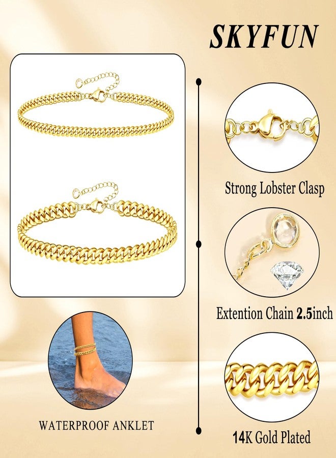 SKYFUN Anklets for Women 14K Gold Plated Ankle Bracelets Waterproof Layered Cuban Link Chain Anklets Set Adjustable Summer Beach Vacation Travel Jewelry - Image 5