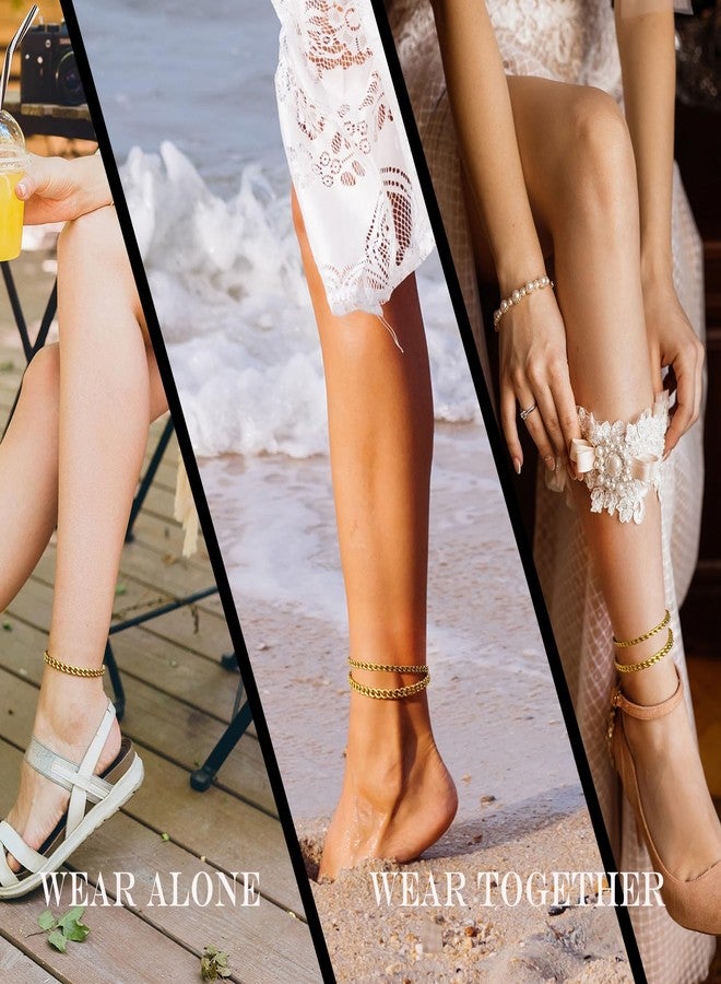 SKYFUN Anklets for Women 14K Gold Plated Ankle Bracelets Waterproof Layered Cuban Link Chain Anklets Set Adjustable Summer Beach Vacation Travel Jewelry - Image 2