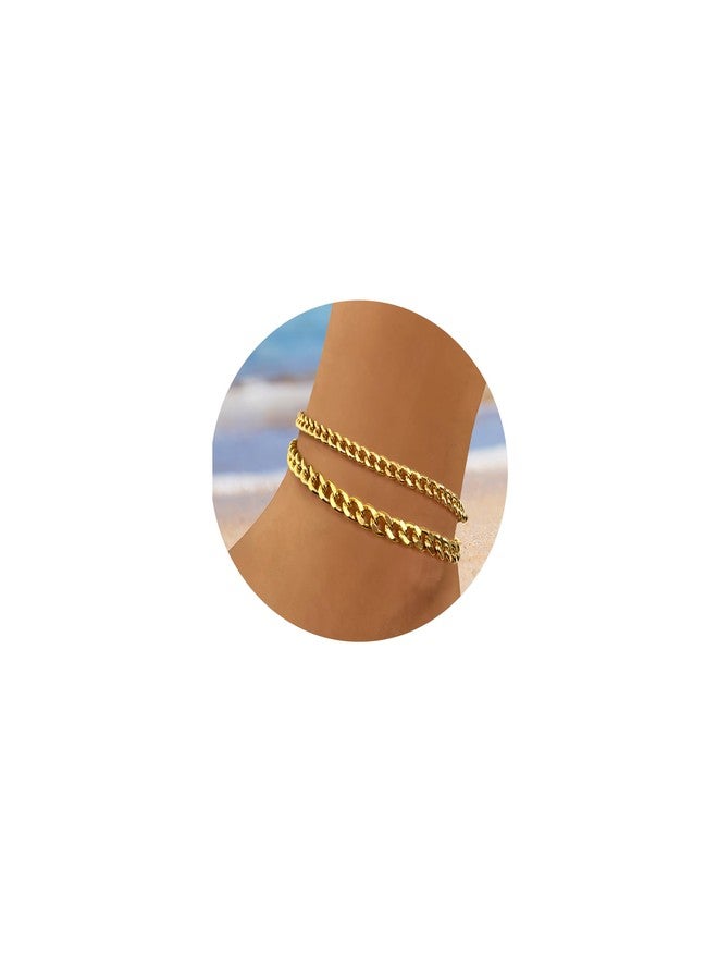SKYFUN Anklets for Women 14K Gold Plated Ankle Bracelets Waterproof Layered Cuban Link Chain Anklets Set Adjustable Summer Beach Vacation Travel Jewelry - Image 1
