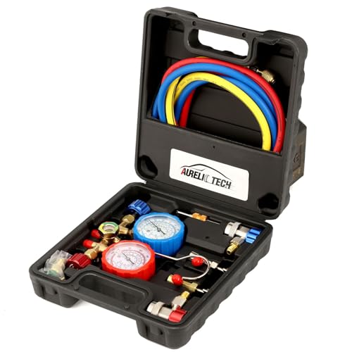 AURELIO TECH 3 Way AC Manifold Gauge Set, Fits for R134A R12 R22 and R502 Refrigerants, with 5FT Hose, Acme Tank Adapters, Quick Couplers and Can Tap - Image 1