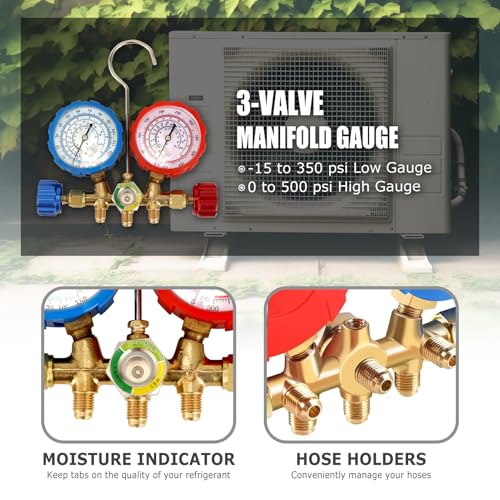 AURELIO TECH 3 Way AC Manifold Gauge Set, Fits for R134A R12 R22 and R502 Refrigerants, with 5FT Hose, Acme Tank Adapters, Quick Couplers and Can Tap - Image 3