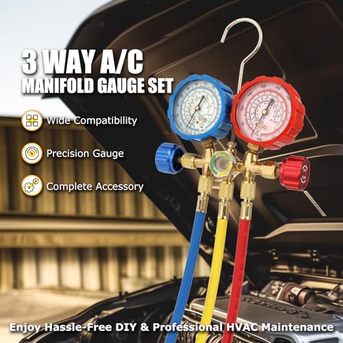 AURELIO TECH 3 Way AC Manifold Gauge Set, Fits for R134A R12 R22 and R502 Refrigerants, with 5FT Hose, Acme Tank Adapters, Quick Couplers and Can Tap - Image 2
