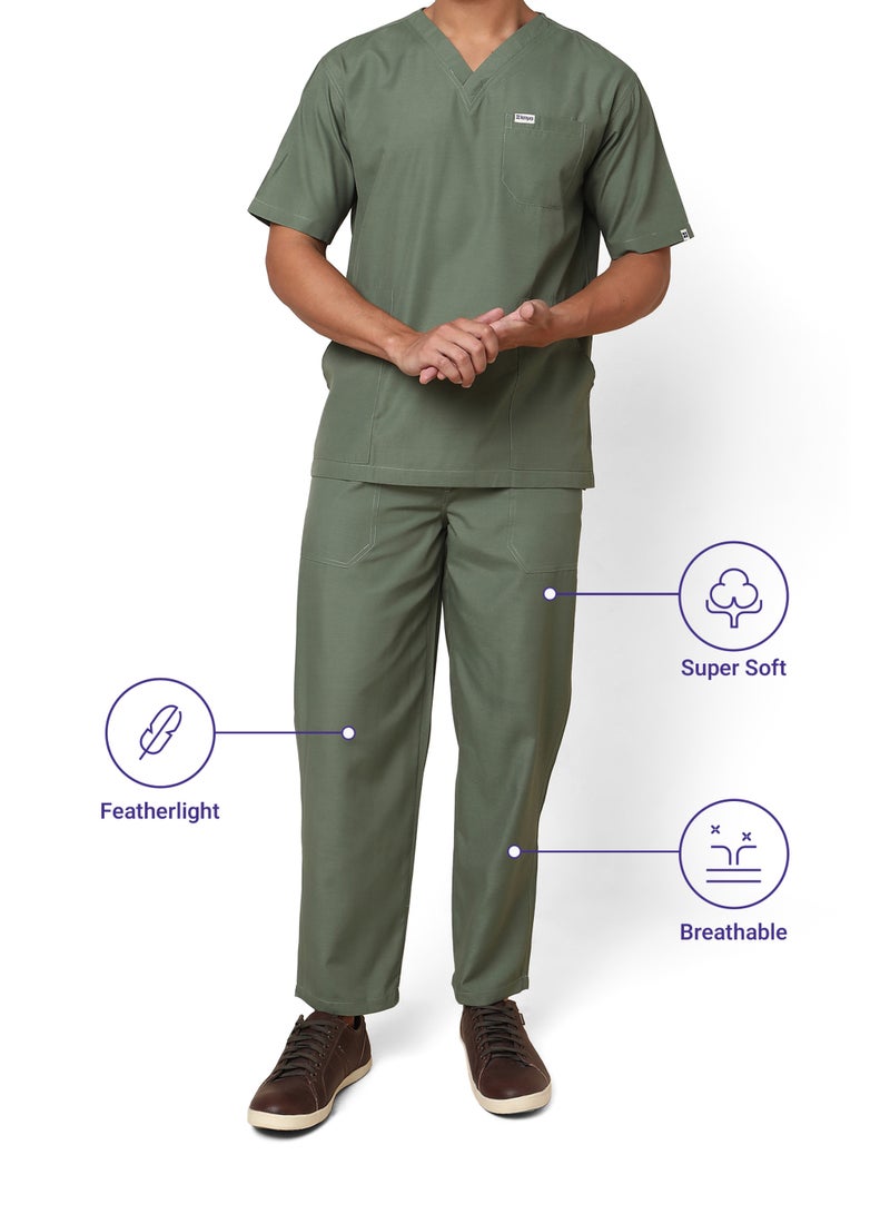 KNYA بدلة طبية رجالية من KNYA Active بخمسة جيوب | طقم من قميص وبنطال | أكمام نصفية | ياقة على شكل حرف V | قماش يسمح بالتهوية | مريح | متين | زي موحد للأطباء والممرضين وأطباء الأسنان (مقاس XXL، زيتوني) - Image 5