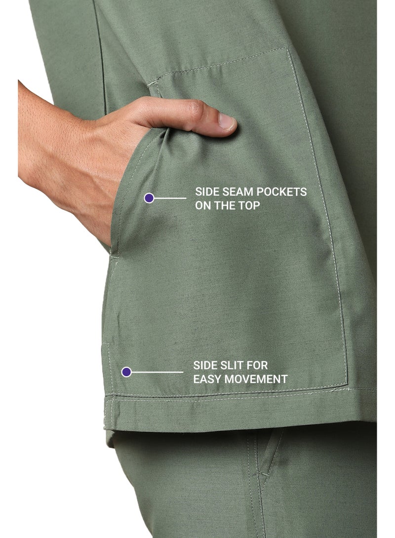 KNYA بدلة طبية رجالية من KNYA Active بخمسة جيوب | طقم من قميص وبنطال | أكمام نصفية | ياقة على شكل حرف V | قماش يسمح بالتهوية | مريح | متين | زي موحد للأطباء والممرضين وأطباء الأسنان (مقاس XXL، زيتوني) - Image 3