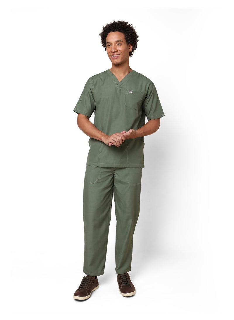 KNYA بدلة طبية رجالية من KNYA Active بخمسة جيوب | طقم من قميص وبنطال | أكمام نصفية | ياقة على شكل حرف V | قماش يسمح بالتهوية | مريح | متين | زي موحد للأطباء والممرضين وأطباء الأسنان (مقاس XXL، زيتوني) - Image 1