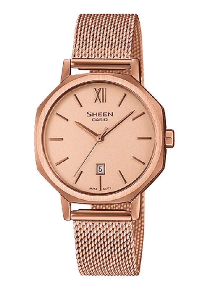 Casio Women Watch  Sheen Analog octagonal metallic design Pink Dial Stainless Steel Mesh Band SHE-4554PGM-4AUDF. - Image 1