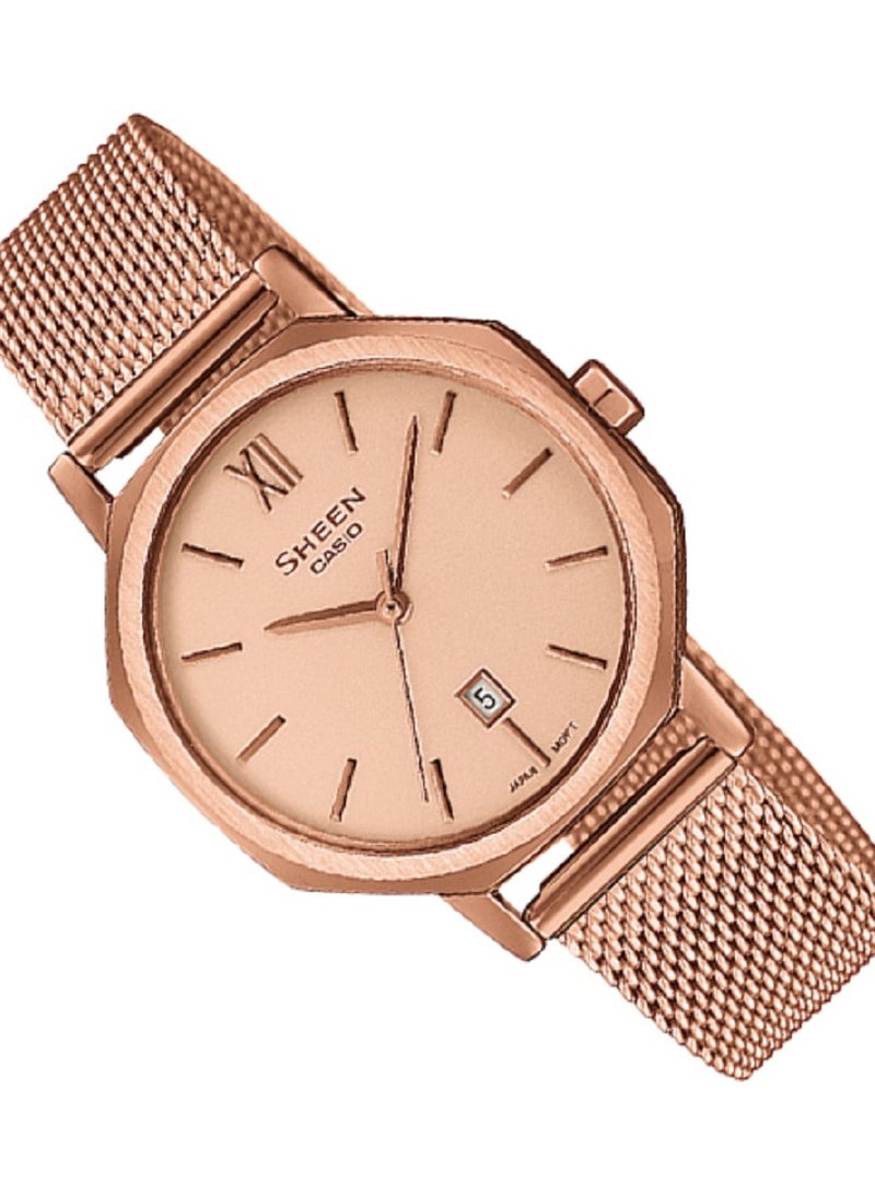 Casio Women Watch  Sheen Analog octagonal metallic design Pink Dial Stainless Steel Mesh Band SHE-4554PGM-4AUDF. - Image 3