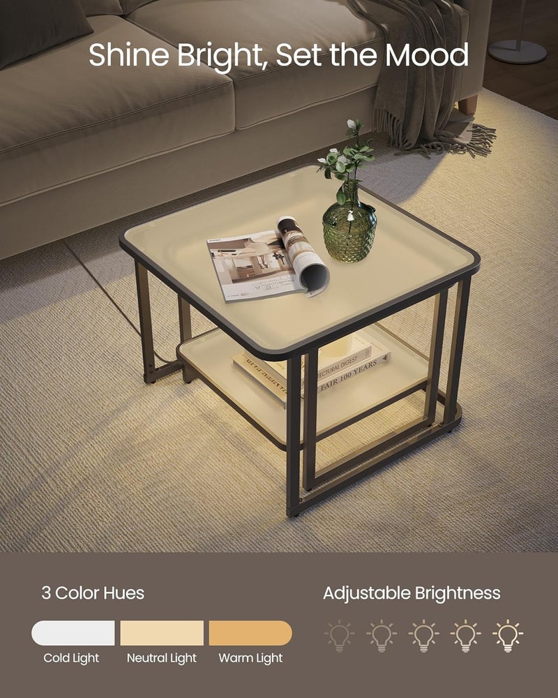VASAGLE Small Coffee Table Set of 2, Frosted Glass Coffee Table with LED Lights, Modern Square Side Tables with Bottom Shelf, for Living Room, Bedroom, Office, Cloud White and Ink Black - Image 4