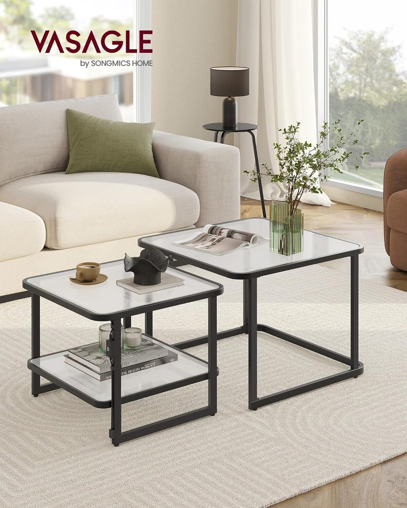 VASAGLE Small Coffee Table Set of 2, Frosted Glass Coffee Table with LED Lights, Modern Square Side Tables with Bottom Shelf, for Living Room, Bedroom, Office, Cloud White and Ink Black - Image 2