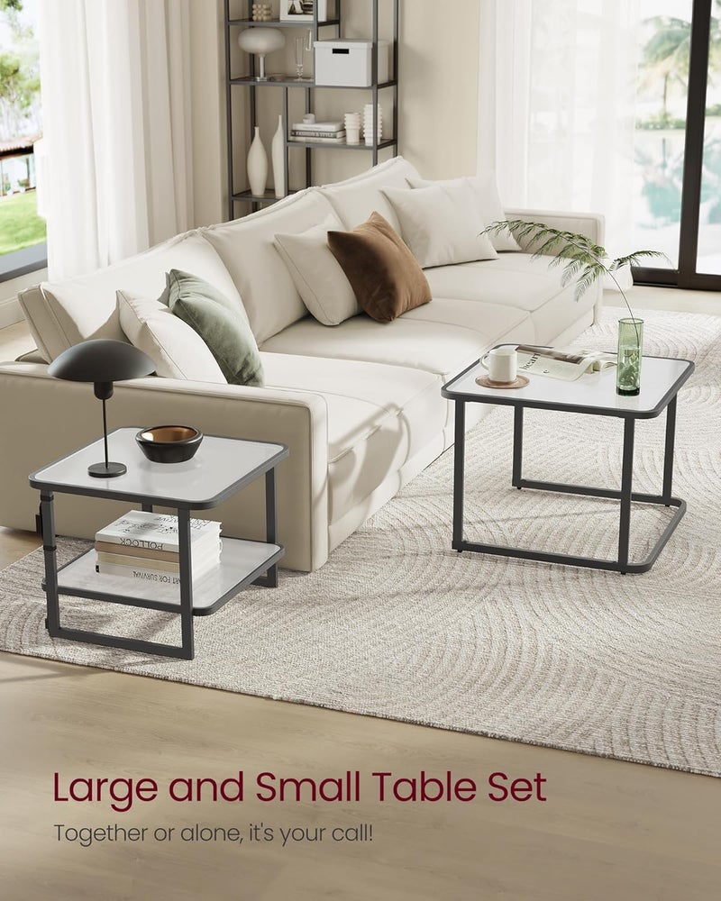 VASAGLE Small Coffee Table Set of 2, Frosted Glass Coffee Table with LED Lights, Modern Square Side Tables with Bottom Shelf, for Living Room, Bedroom, Office, Cloud White and Ink Black - Image 5