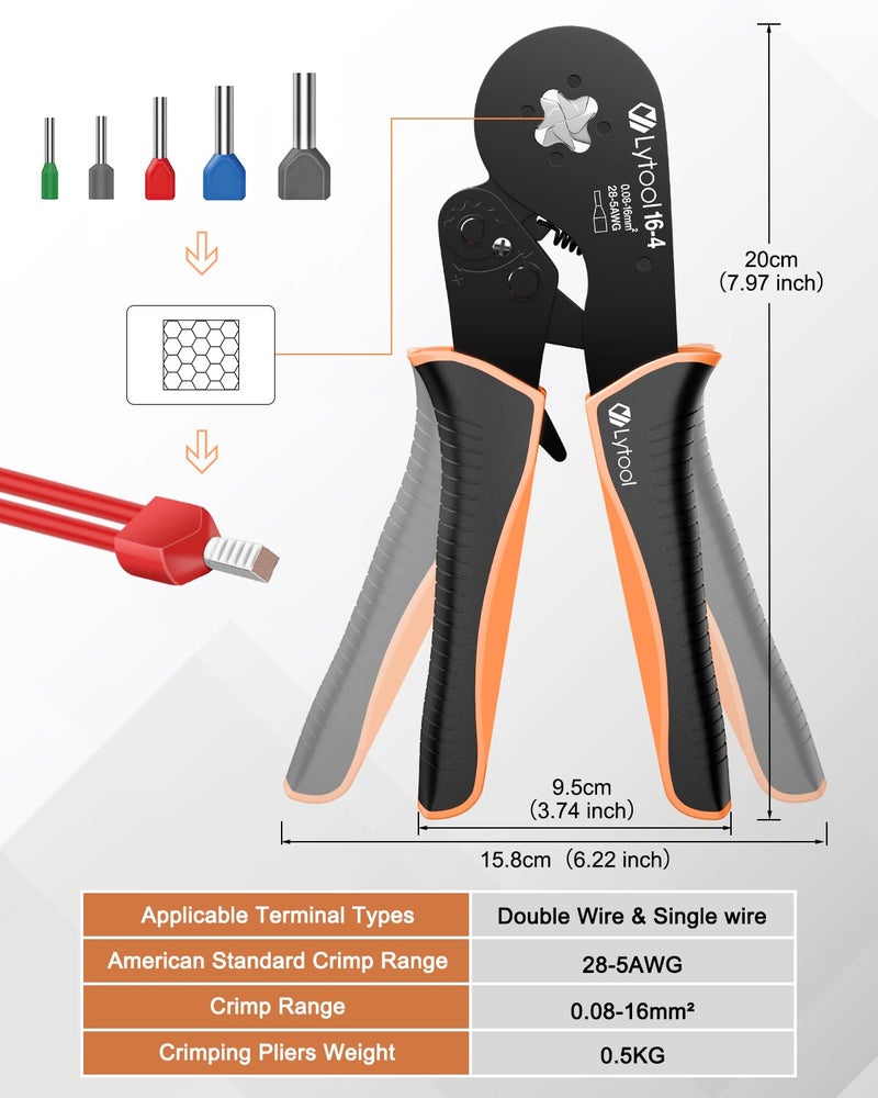 Lytool Ferrule Crimping Tool Kit, Lytool Wire Crimper Pliers (AWG 28-5/0.08-16mmÂ²), Wire Ferrule Kit with Square Ratchet Crimper and 1200PCS Ferrule Connectors Wire Ferrules Terminals Kit - Image 4