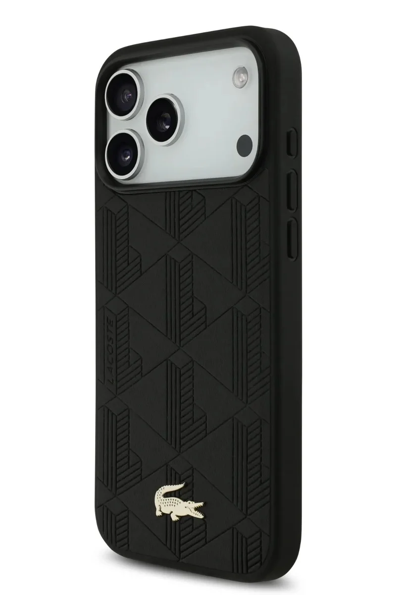 لاكوست جراب ماج لهاتف iPhone 17 Pro Max مصنوع من جلد البولي يوريثان مع شعار مونوغرام وشعار ذهبي / تصميم نحيف / ماج / حماية من السقوط / سهل التركيب / غطاء خلفي - أسود