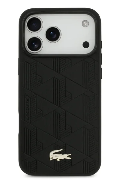 لاكوست جراب ماج لهاتف iPhone 17 Pro Max مصنوع من جلد البولي يوريثان مع شعار مونوغرام وشعار ذهبي / تصميم نحيف / ماج / حماية من السقوط / سهل التركيب / غطاء خلفي - أسود