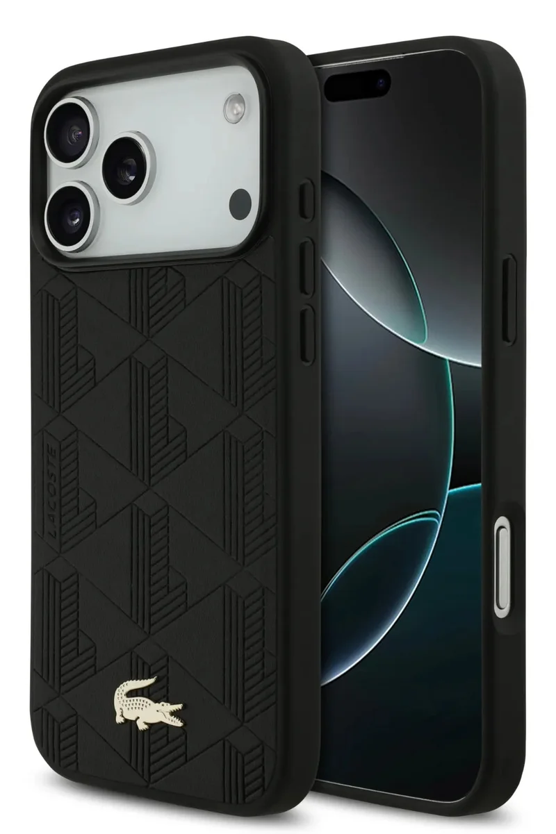 لاكوست جراب ماج لهاتف iPhone 17 Pro Max مصنوع من جلد البولي يوريثان مع شعار مونوغرام وشعار ذهبي / تصميم نحيف / ماج / حماية من السقوط / سهل التركيب / غطاء خلفي - أسود