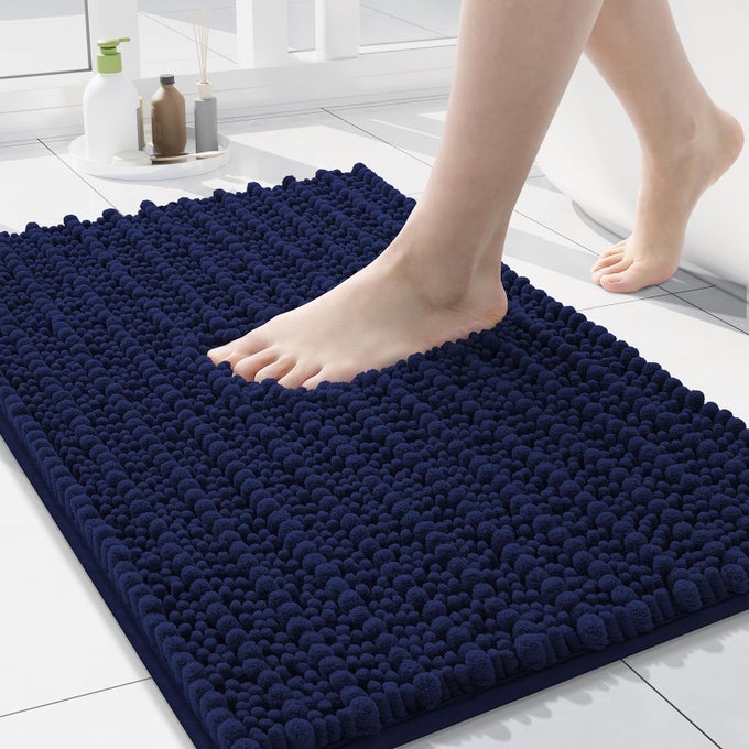 LUXURY CHENILLE BATHROOM RUG MAT EXTRA SOFT THICK ABSORBENT SHAGGY BATH RUGS NONSLIP MACHINE WASH DRY PLUSH BATH MATS FOR BATHROOM SHOWER AND TUB 24X16 NAVY