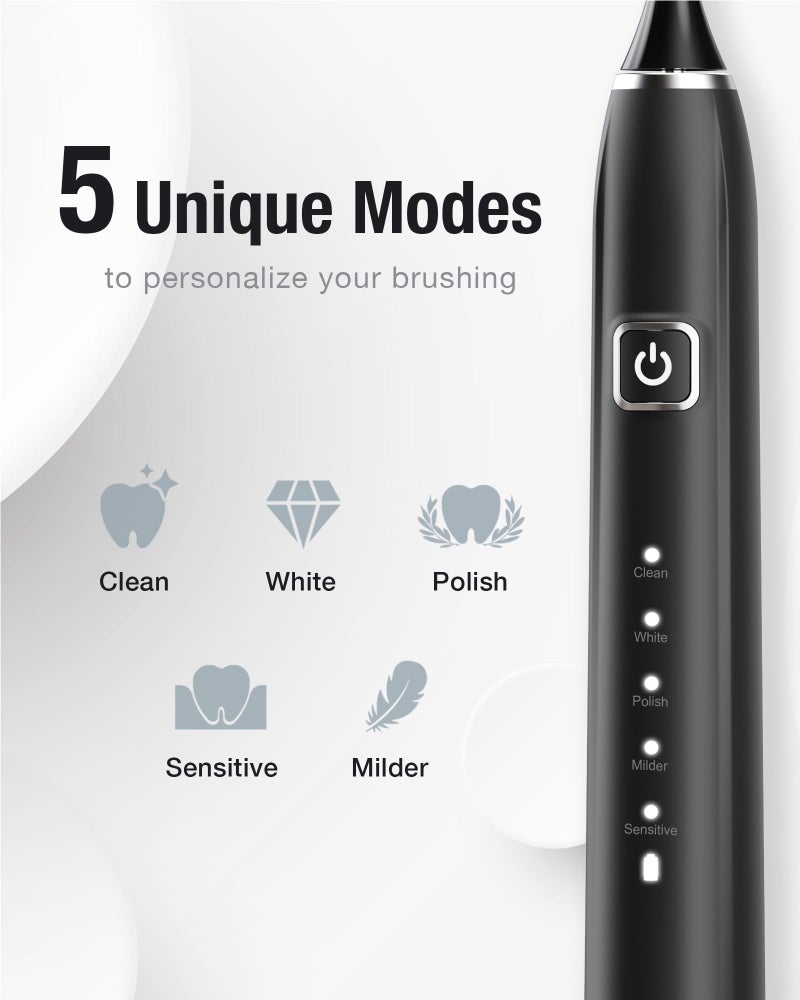 7AM2M Sonic Electric Toothbrush with 6 Brush Heads for Adults&Kids, One Charge for 120 Days, Wireless Fast Charge, 5 Modes, 40000VPM Powered Toothbrush, 2 Minutes Built in Smart Timer (Black) - Image 3