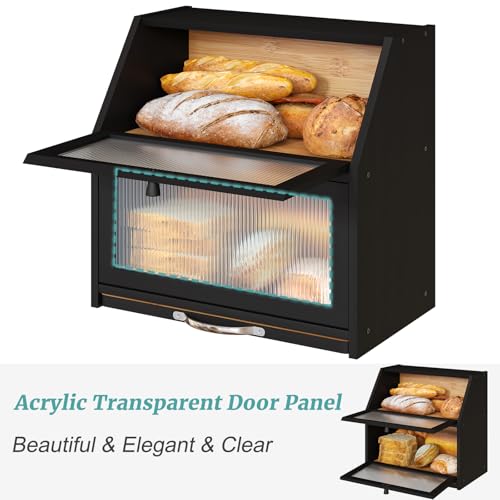 Vriccc Extra Large Bread Box with Cutting Board Bamboo Wood Bread Box for Kitchen Counter, Double Layer Large Capacity Bread Storage Bin with Acrylic Wavy Door Panel (Black) - Image 5