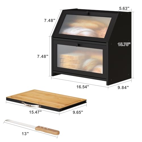 Vriccc Extra Large Bread Box with Cutting Board Bamboo Wood Bread Box for Kitchen Counter, Double Layer Large Capacity Bread Storage Bin with Acrylic Wavy Door Panel (Black) - Image 4