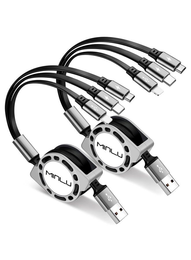 Minlu كابل شحن متعدد 3A [عبوة 2 4 قدم] كابل شاحن سريع قابل للسحب 3 في 1 مع منفذ IP/Type C/Micro USB للهواتف المحمولة/Samsung Galaxy/PS/الأجهزة اللوحية/المزيد - Image 1