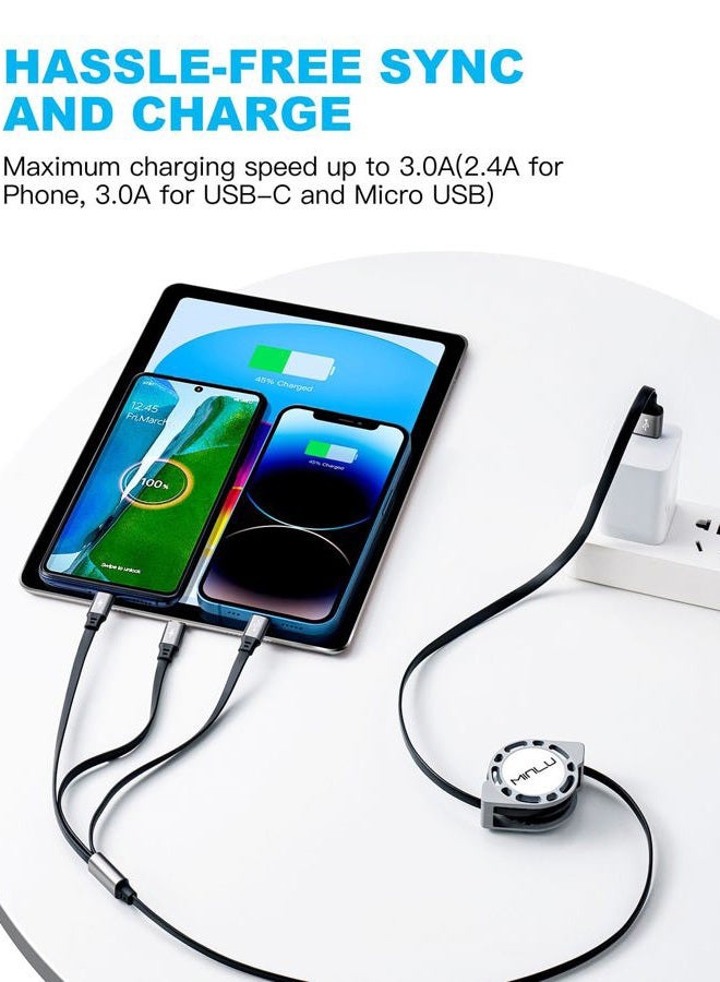 Minlu كابل شحن متعدد 3A [عبوة 2 4 قدم] كابل شاحن سريع قابل للسحب 3 في 1 مع منفذ IP/Type C/Micro USB للهواتف المحمولة/Samsung Galaxy/PS/الأجهزة اللوحية/المزيد - Image 2