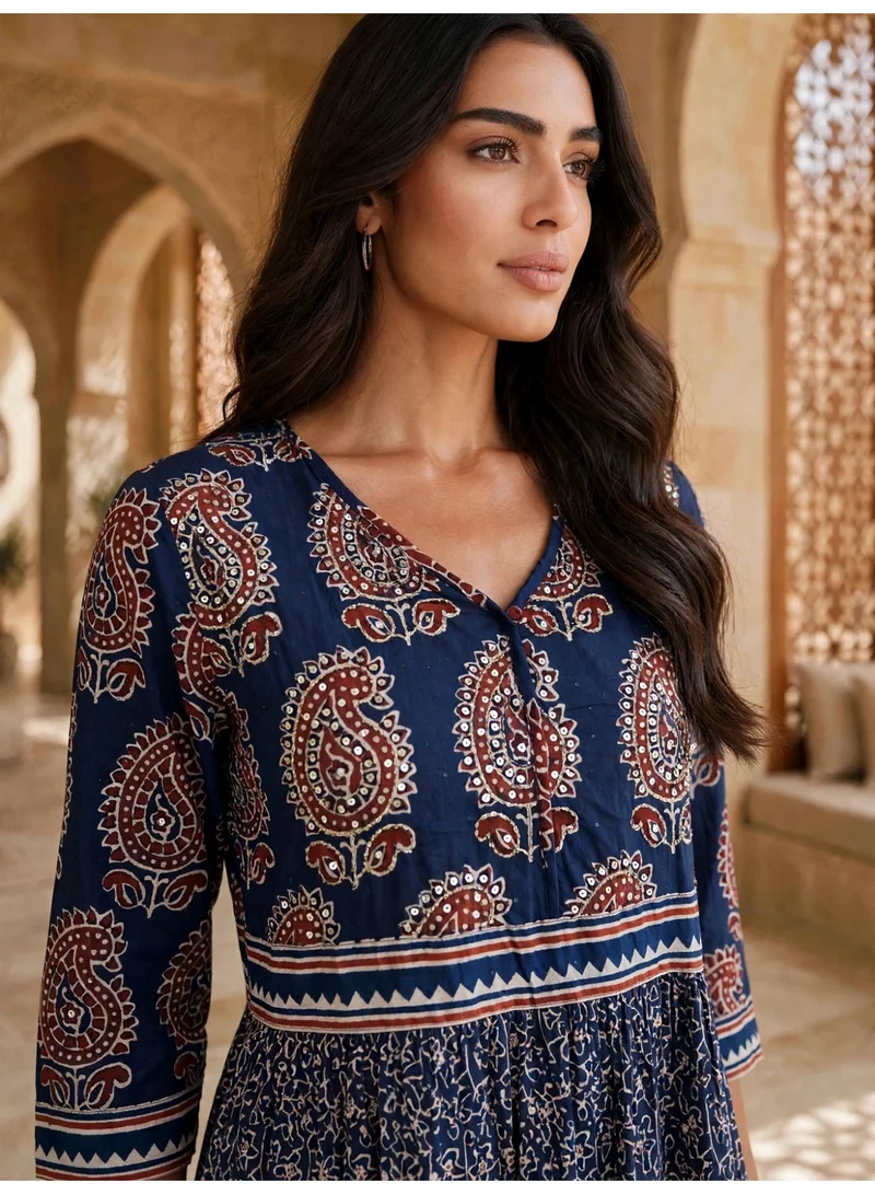 Ikkxa IKKXA Elegant Ethnic Paisley Print Long Sleeve Jalabiya