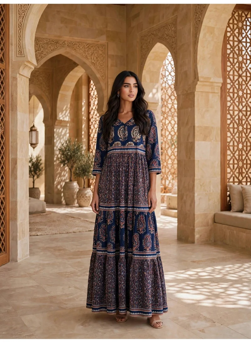Ikkxa IKKXA Elegant Ethnic Paisley Print Long Sleeve Jalabiya