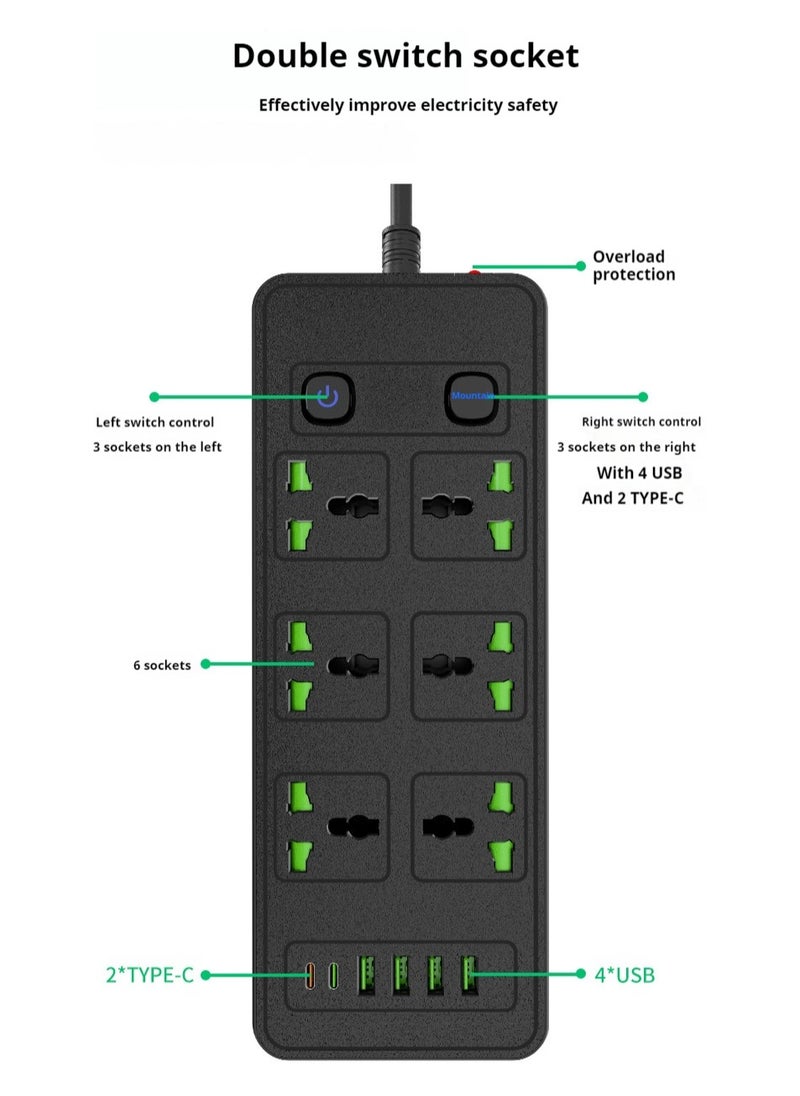 أنمي شريط طاقة بطول 5 أمتار مع فتحات USB، 6 منافذ مقابس مع فتحتين من النوع C و4 منافذ USB، كابل تمديد مع مفتاح شرائط طاقة محمية من زيادة التيار (3000 واط/13 أمبير)، أسلاك كهربائية متعددة المقابس في المملكة المتحدة  - Image 4