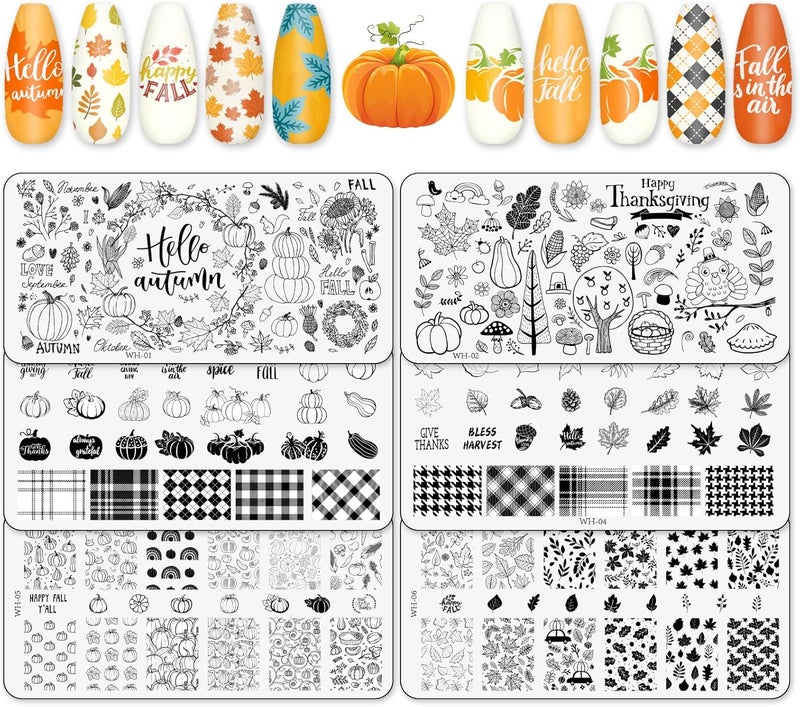 Whaline 6Pcs Fall Thanksgiving Theme Nail Art Stamping Plate Kit Various Pattern Pumpkin Maple Autumn Blessing Collection Nail Art Plate for Thanksgiving Day Nail Art Design DIY Print Manicure Salon
