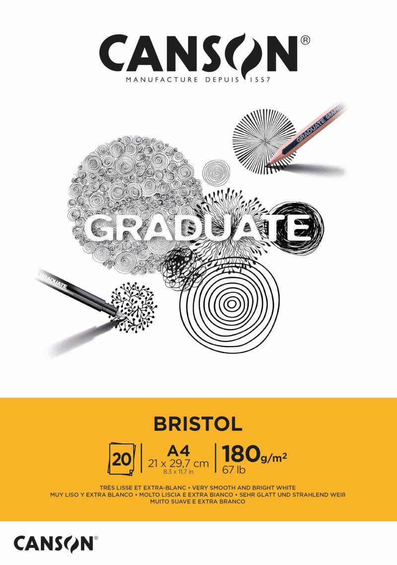 CANSON Graduate Bristol 180gsm A4 Paper Very Smooth Pad Glued Short Side 20 Bright White Sheets Ideal for Student Artists