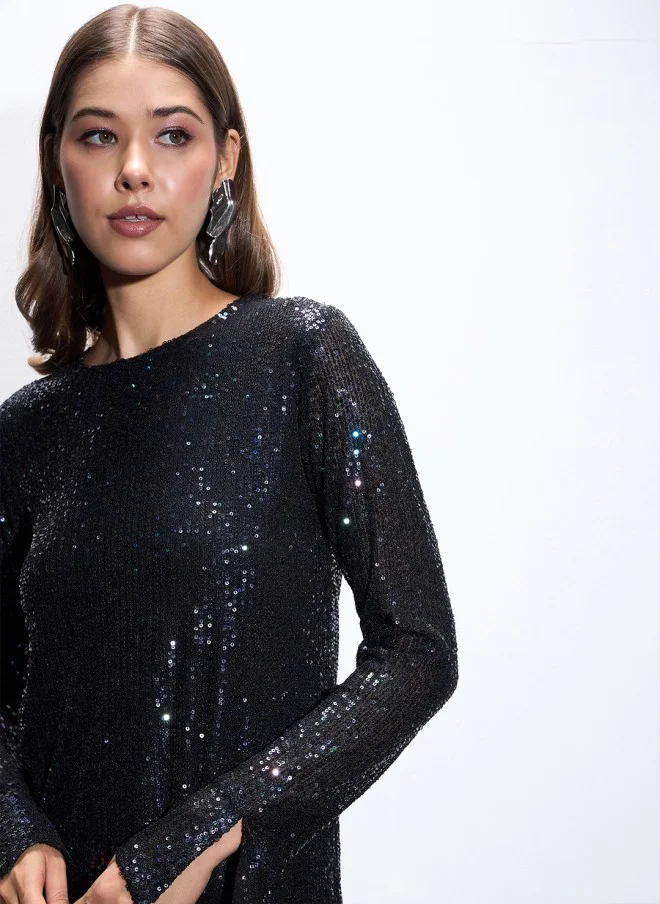 SASSAFRAS Black Sequin Bodycon Dress for Women
