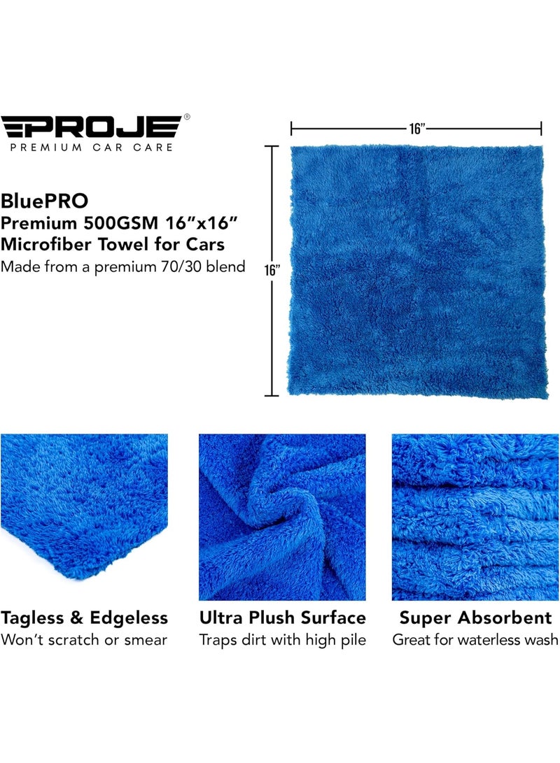 منشفة الألياف الدقيقة الزرقاء للسيارات - فائقة الامتصاص - تجفيف السيارات ، تلميع ، قماش البوفينغ ومنشفة التفاصيل الداخلية - 500 GSM 16x16in - لوازم التفاصيل السيارات - حزمة من 3 العناية بالسيارات الممتازة - Image 3
