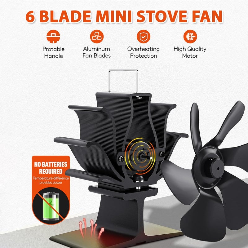TITECK Wood Stove Fan Heat Powered: Small Fireplace Fan Non Electric Stove Fans Fits Camping Stoves/Log Burner Wood Burning Stoves/Pellet Heater RV Stoves Tent Accessories (6 Blades) - Image 3