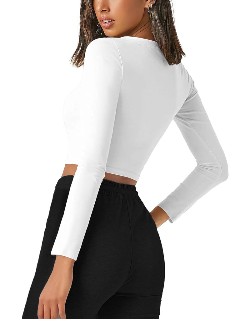 THE BLAZZE Women's Cotton Stretchable Deep V Neck Long Sleeve Stylish Crop Top T-Shirt for Women L514 1309 (M, WHT) - Image 2