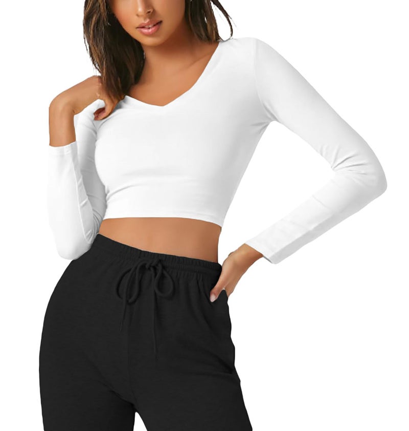 THE BLAZZE Women's Cotton Stretchable Deep V Neck Long Sleeve Stylish Crop Top T-Shirt for Women L514 1309 (M, WHT) - Image 5