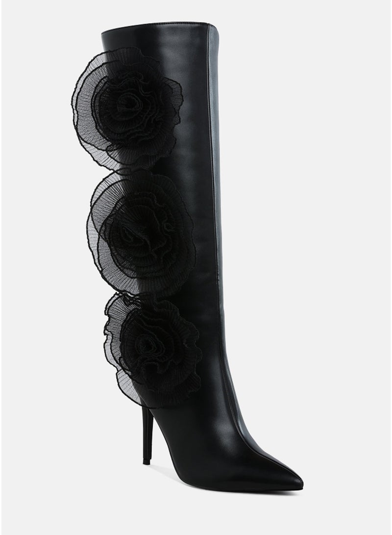 London Rag Sheer Big Rose Detail Long Boots in Black - Image 2