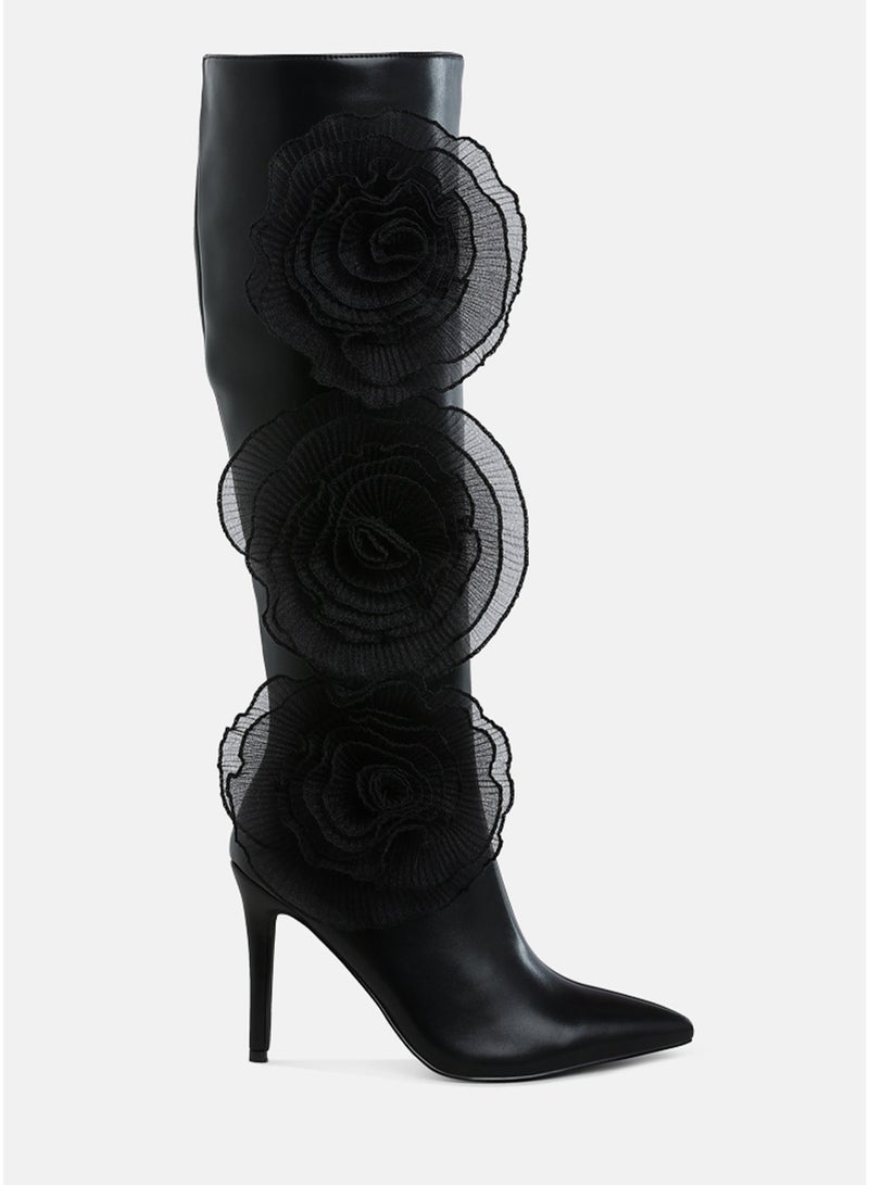 London Rag Sheer Big Rose Detail Long Boots in Black - Image 1