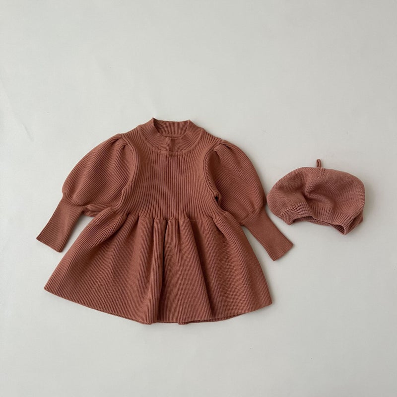 Ins Korean Style Baby Autumn and Winter dress Girls Casual Knitted Sweater Dress Spring and Autumn Baby Lantern Sleeve Princess Dress Brown [100% Premium]]