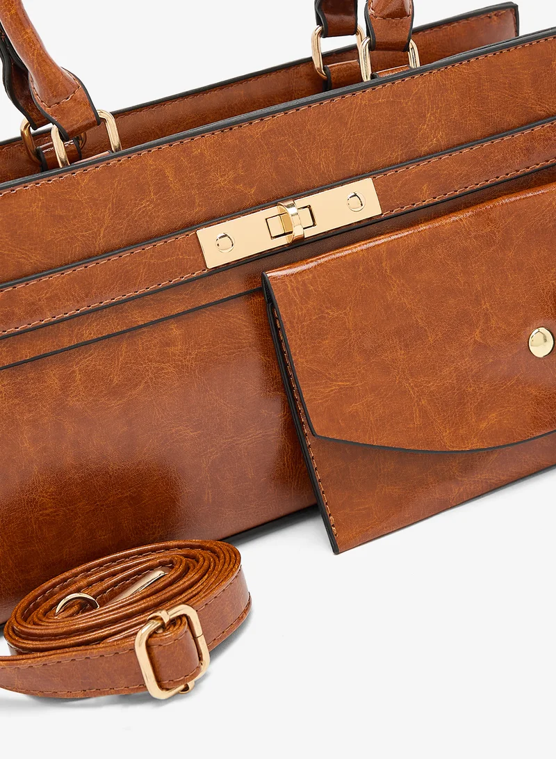 ELLA gold accent printed buckle detail east-to-west structured bag with pouch and coin purse insert