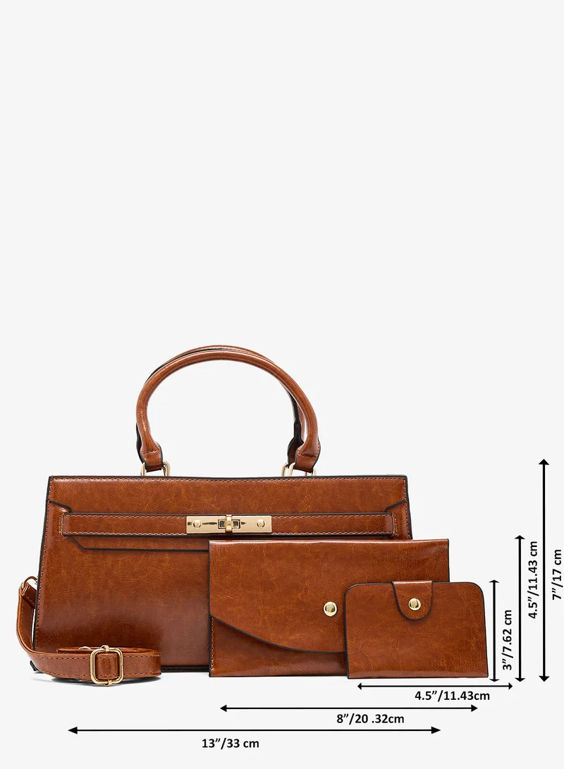 ELLA gold accent printed buckle detail east-to-west structured bag with pouch and coin purse insert