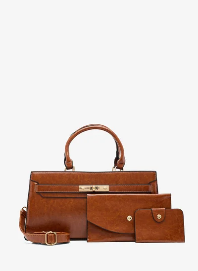 ELLA gold accent printed buckle detail east-to-west structured bag with pouch and coin purse insert