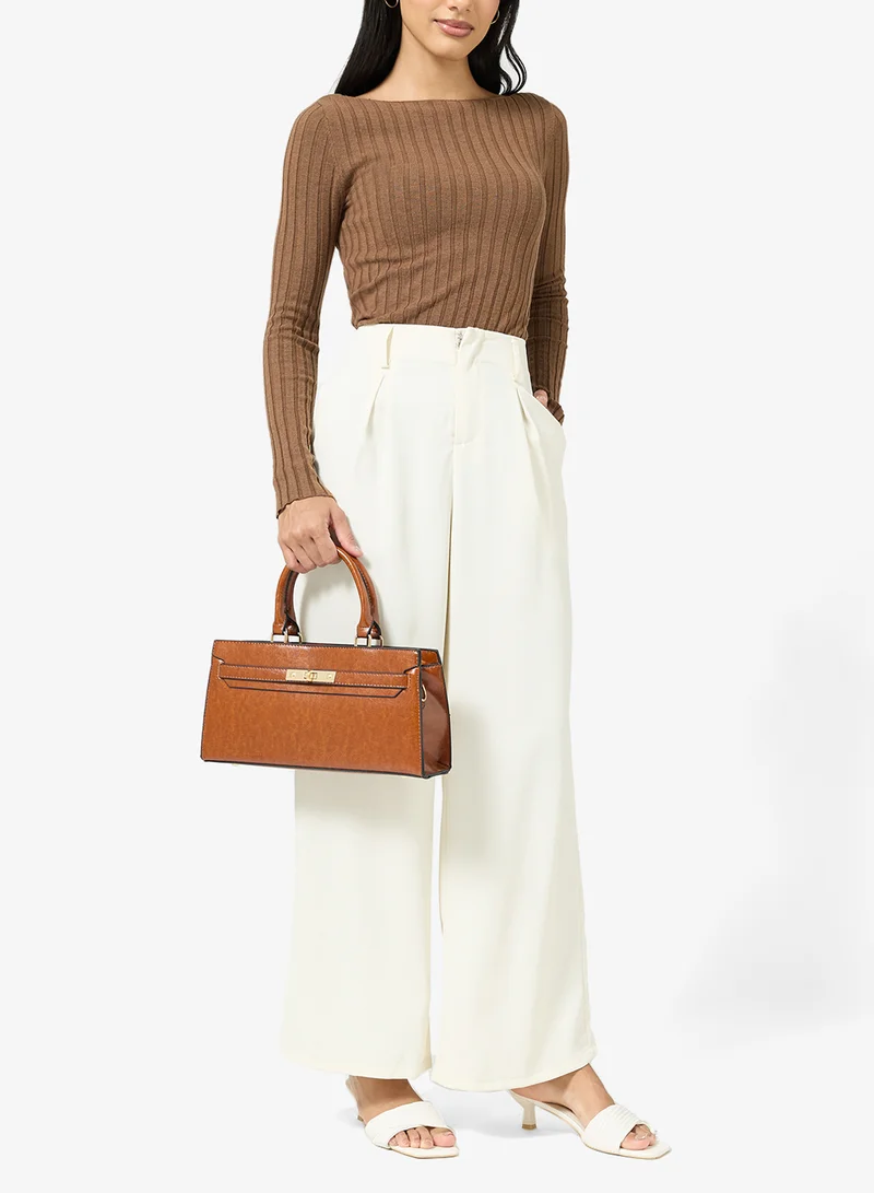 ELLA gold accent printed buckle detail east-to-west structured bag with pouch and coin purse insert