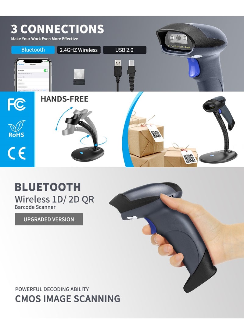 NETUM - Wireless 1D 2D Qr Barcode Scanner with Stand, Handhold Scanners with 2.4G Wireless & Bluetooth Function, 3 in 1 Bar Code Readers & Scanners Tools Compatible for SmartPhone, Laptops, Computers, Cashier - Image 1
