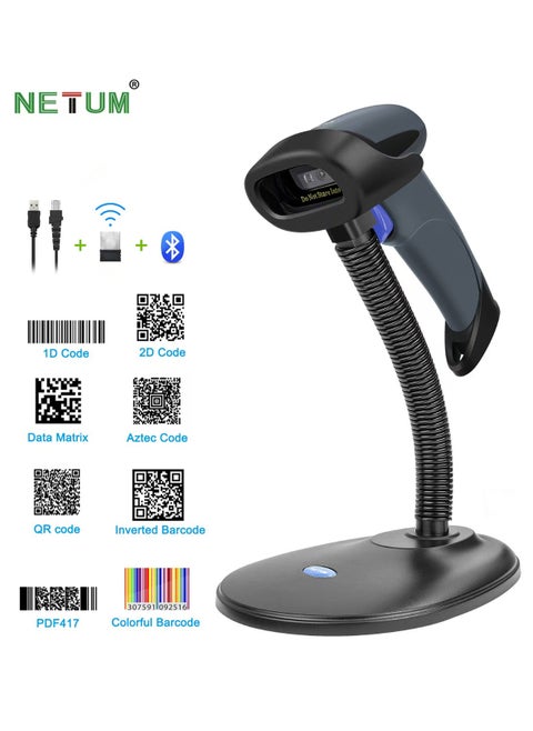 Wireless 1D 2D Qr Barcode Scanner with Stand, Handhold Scanners with 2.4G Wireless & Bluetooth Function, 3 in 1 Bar Code Readers & Scanners Tools Compatible for SmartPhone, Laptops, Computers, Cashier