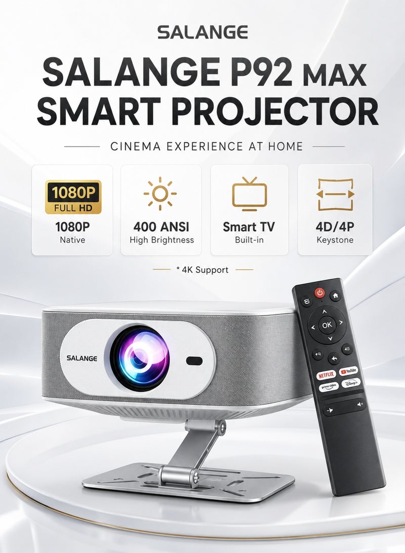 Salange P92MAX 4K Smart Projector, 30000LM, Built-in Licensed Apps, Native 1080P, Auto Keystone, WiFi 2.4G&5G, Bluetooth 5.2, Compatible with Smartphones - Image 1