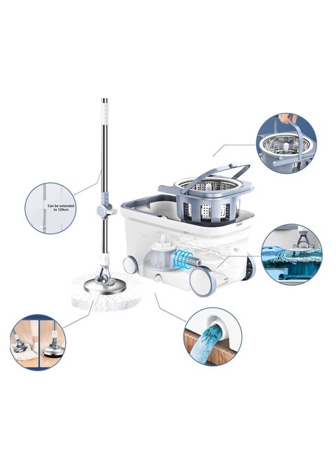 MOP و Bucket مع مجموعة Wringer ، 360 نظام تنظيف أرضية الغزل ، وأدوات لوازم المنازل مع MOP و Floor Brush 2 في 1 ، مقبض ممتد (129 سم) للأرضية الصلبة المنزلية - أبيض