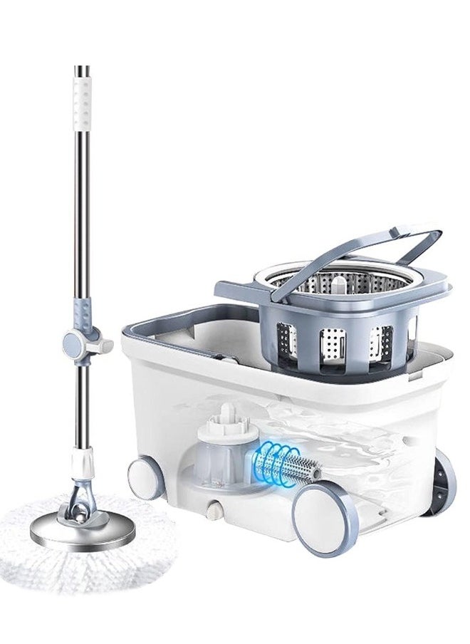 MOP و Bucket مع مجموعة Wringer ، 360 نظام تنظيف أرضية الغزل ، وأدوات لوازم المنازل مع MOP و Floor Brush 2 في 1 ، مقبض ممتد (129 سم) للأرضية الصلبة المنزلية - أبيض
